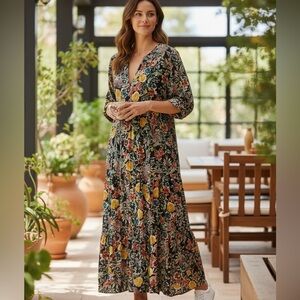 Natural Life Medium Floral 3/4 Sleeve Maxi Length Boho Dress P4